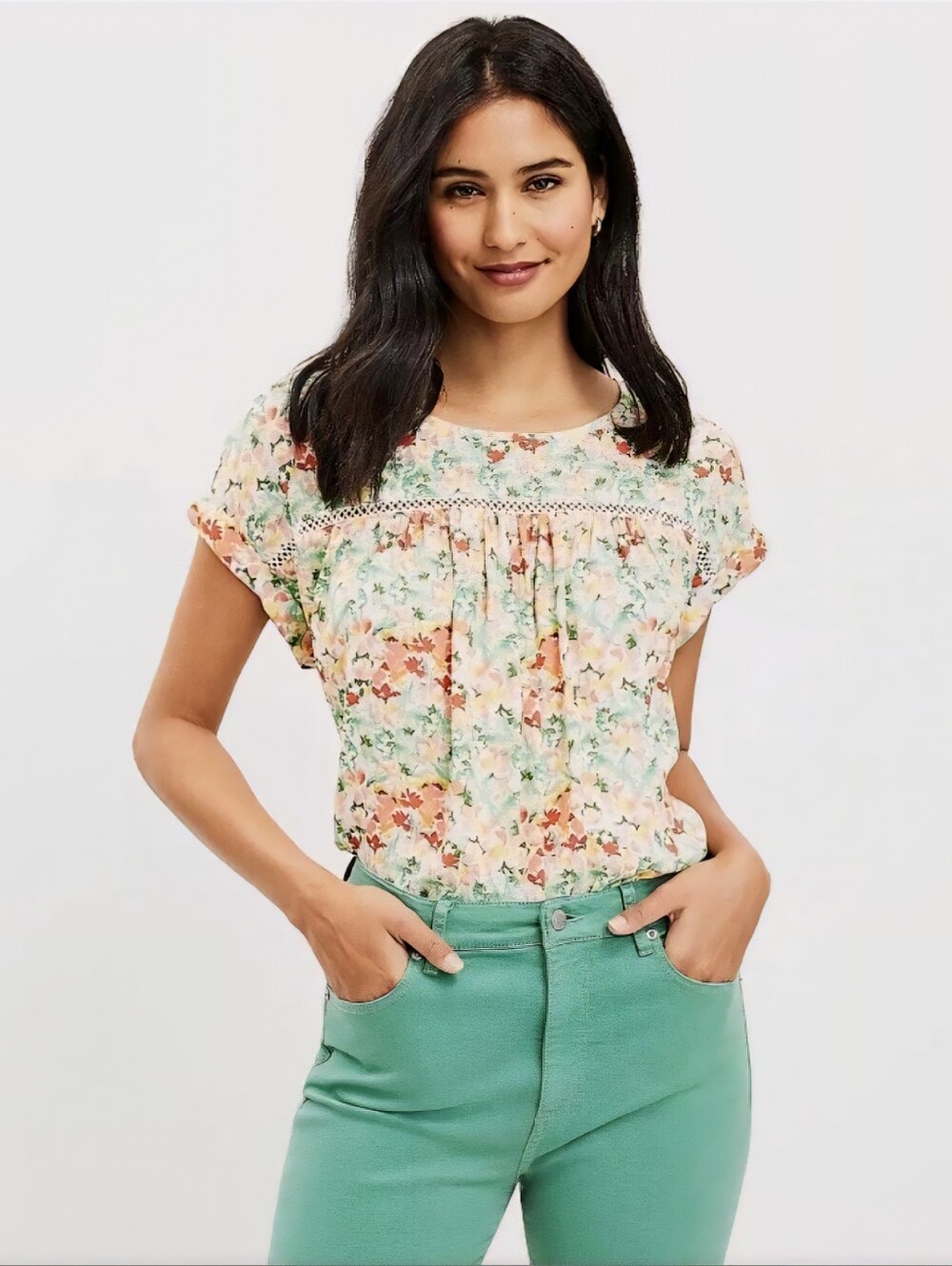 LOFT Floral Short-Sleeve Blouse in Green, Coral, Yellow